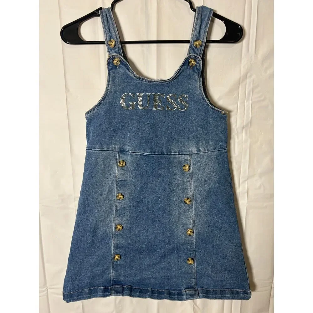 Vintage Guess Kids Denim Dress L 14 Blue Jean Overall Pinafore Rhinestone Gem
